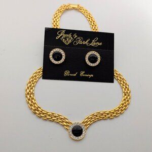 Vintage Jewels by Park Lane- Gold Tone Necklace & earrings Set- w/ Blk & crystal